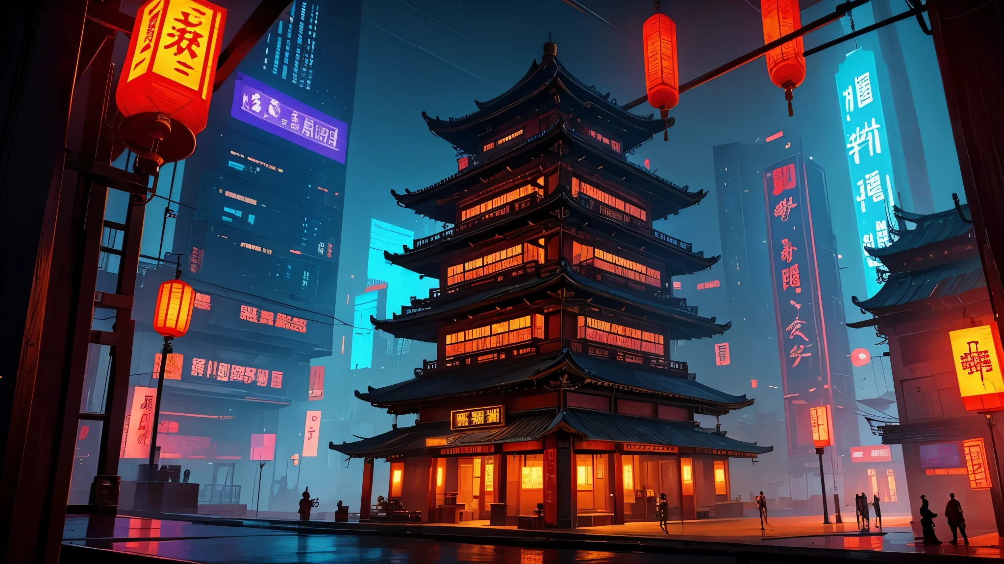 old Chinese building，Chinese Drum Tower,cyberpunk style,science fiction scene,neon lights,solo,high vista