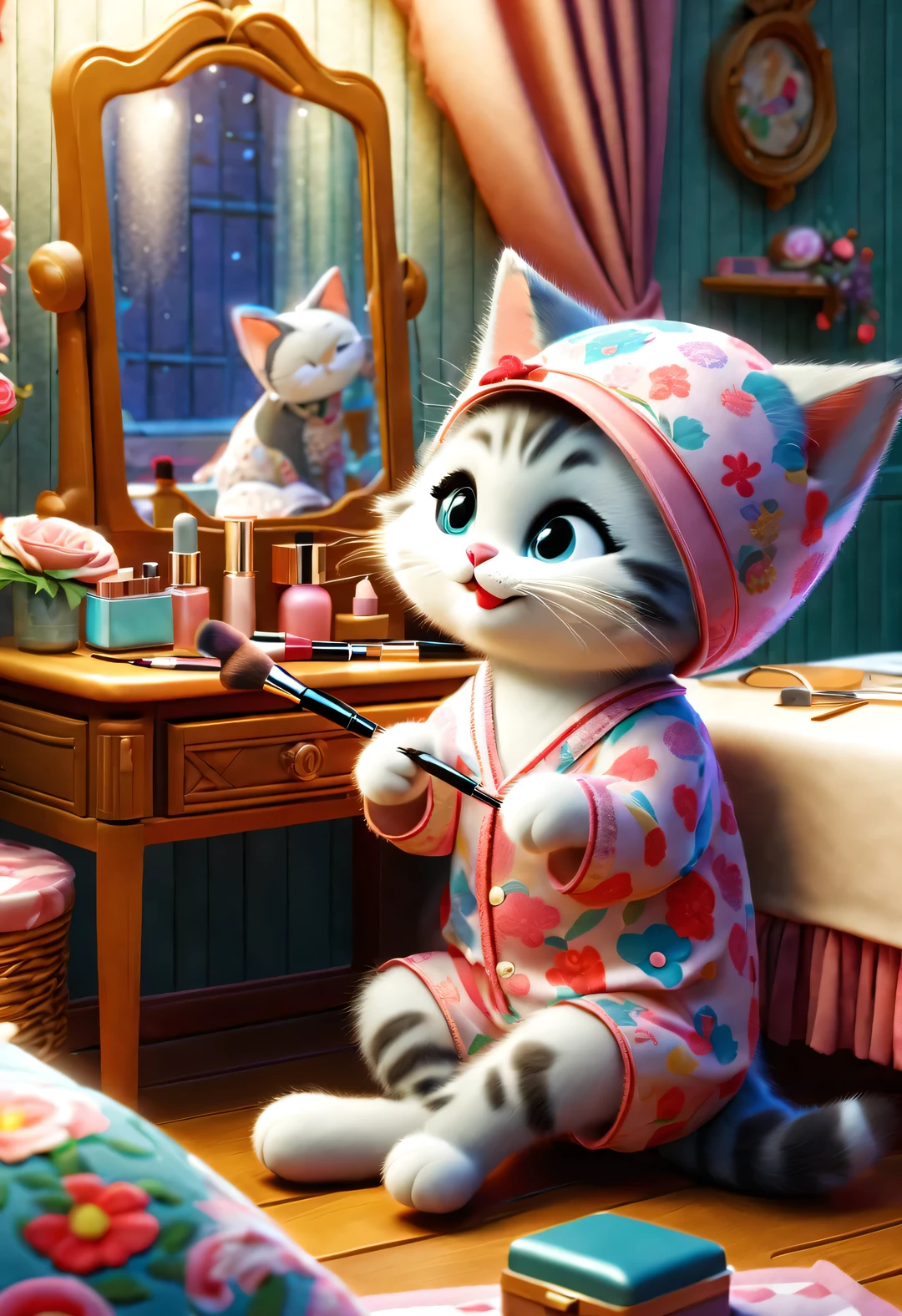 With folk art style,
 （A cute kitten sitting in front of the dressing table doing makeup），Cat sitting and doing makeup，put on nightcap，wearing pajamas，Wearing an exaggerated nightcap，detailed details，beautiful details，lipstick，Makeup Pen，perfume，flowers，Magazine，
background：Bedroom 3D rendering， cartoon，illustration，Pixar，cartoon，ultra high definition， high quality，32k，