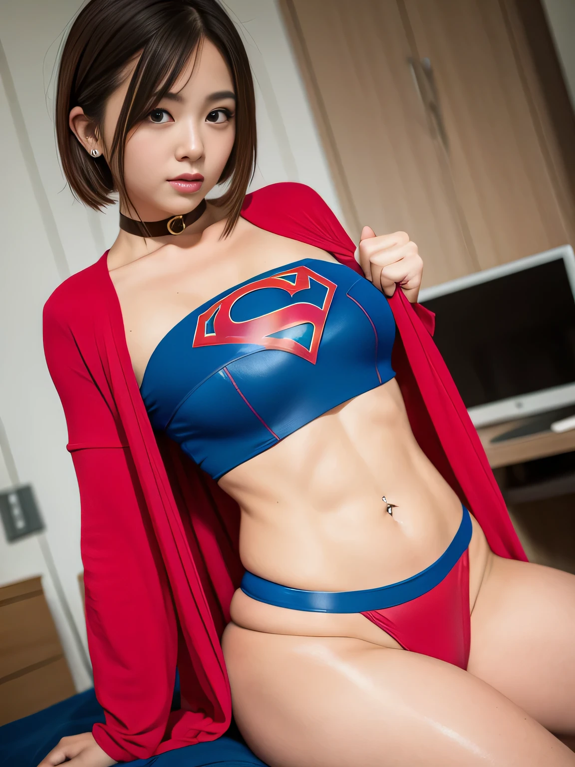 masterpiece、Supergirl costumes、short hair、barefoot、big and full breasts、operating room、operating table、straddle、Tattered、shiny、look at the camera、Seduce、choker、long sleeve、red mini skirt、Cowgirl、Estrus