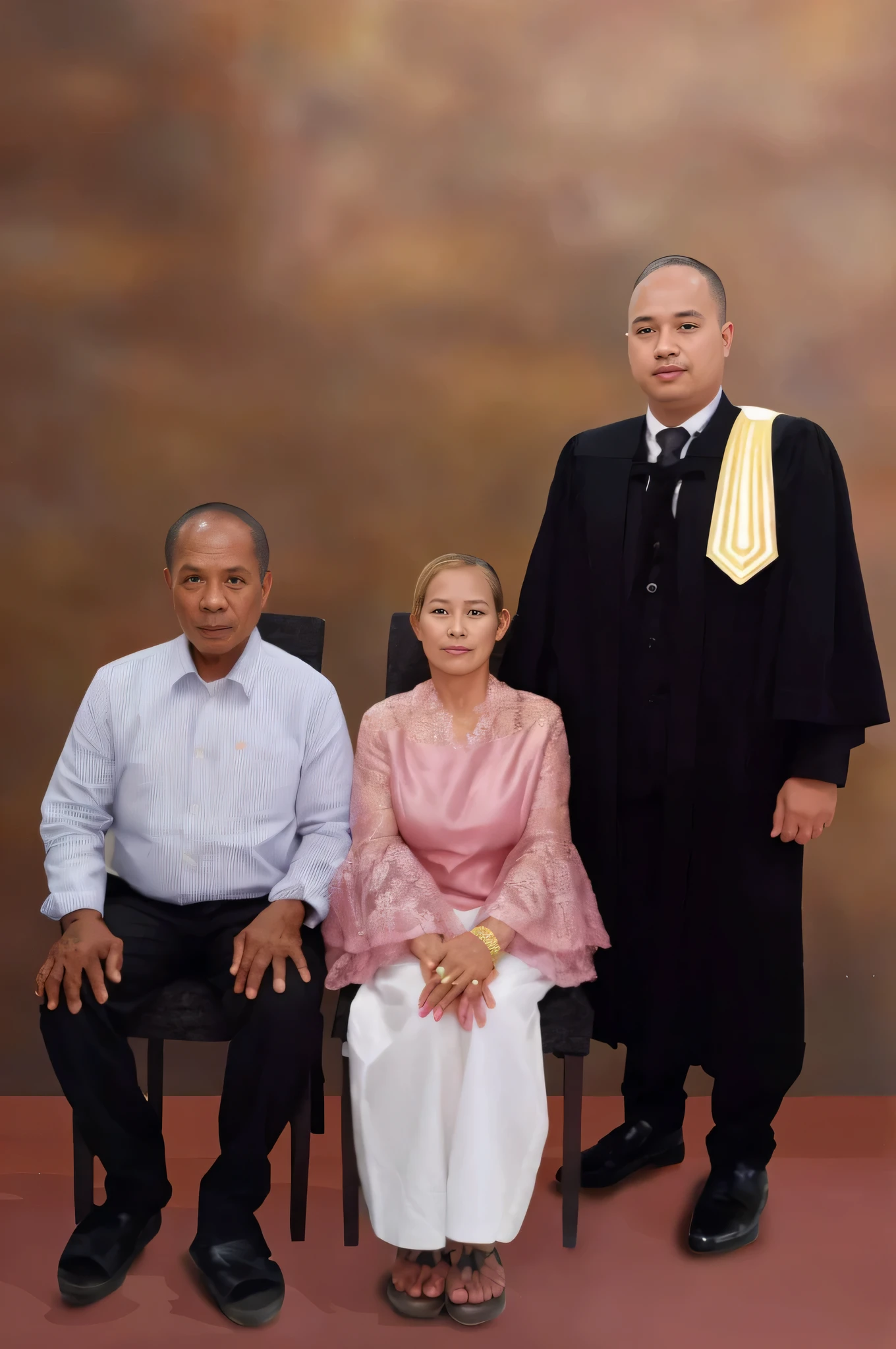 Araof, a man in a black robe, a pink dress, a woman, a man in a black robe. and women in pink dresses, full protrait, Ceremony pictures, barong family, Picture taken on 2 0 2 0, graduation photo, Portrait image, Portrait N-9, husband wife and son, full body photo, protrait