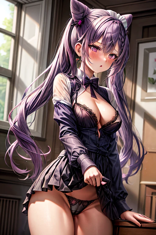 1girl, to-quality, long_hair, purple_hair, purple_eyes, hair_bun, cone_hair_bun, twintails, bangs, double_bun, breasts, hair_ornament, blush, braid, medium_breasts, crotch rub, table humping, from below, {nurse:1.4}, stripped panties, table, wet panties, lace panties,, masterpiece, best quality, highly detailed