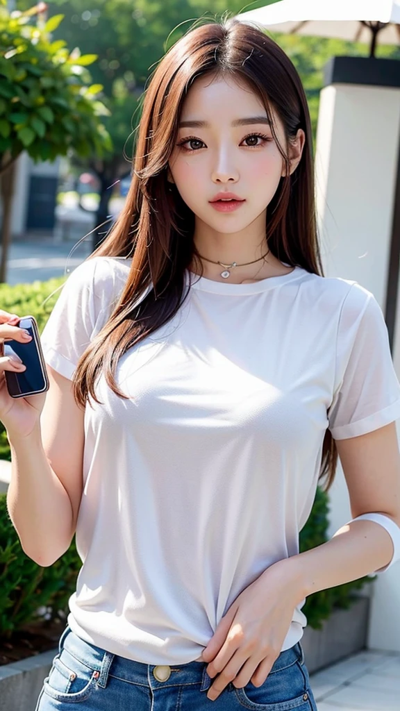 realisticlying、 1 人、a blond、Longhaire、((Twin-tailed))、cowboy shot、radiant eyes、((Wet white t-shirt)), pointed Nipple、((leather pant))、Taken from the front, ((Put your hands on your hips))