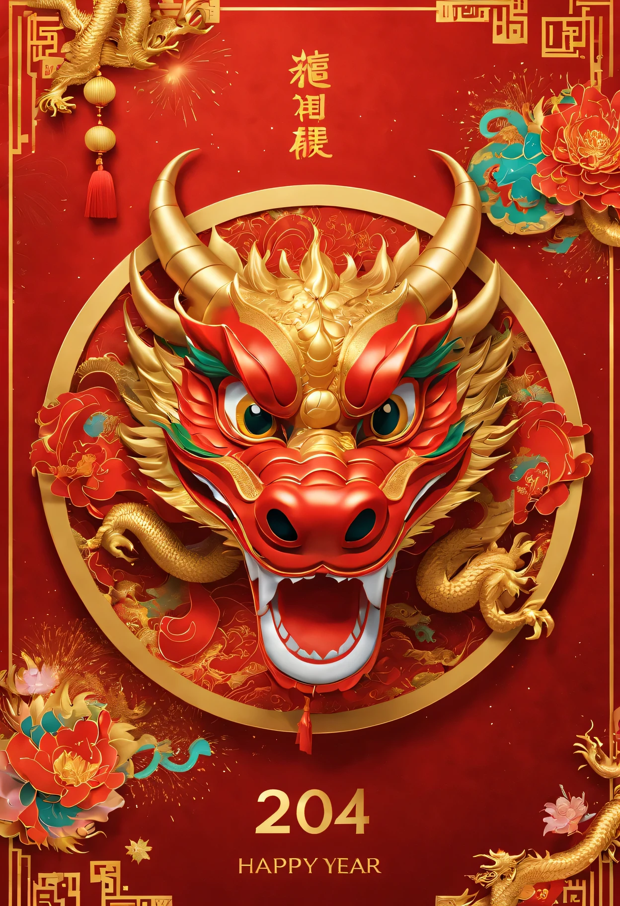 Red envelopes,封面上有一条金色卡通中国dragon和文字"Happy New Year 2024”(Boutiques,4K,masterpiece:1.2),Super fine,human development report,bright colors,Shiny and vibrant,festive atmosphere,Chinese traditional elements background,Intricate decorative borders on envelopes,dragon'Her eyes sparkle with magic and hope,Fireworks twinkling in the night sky。
