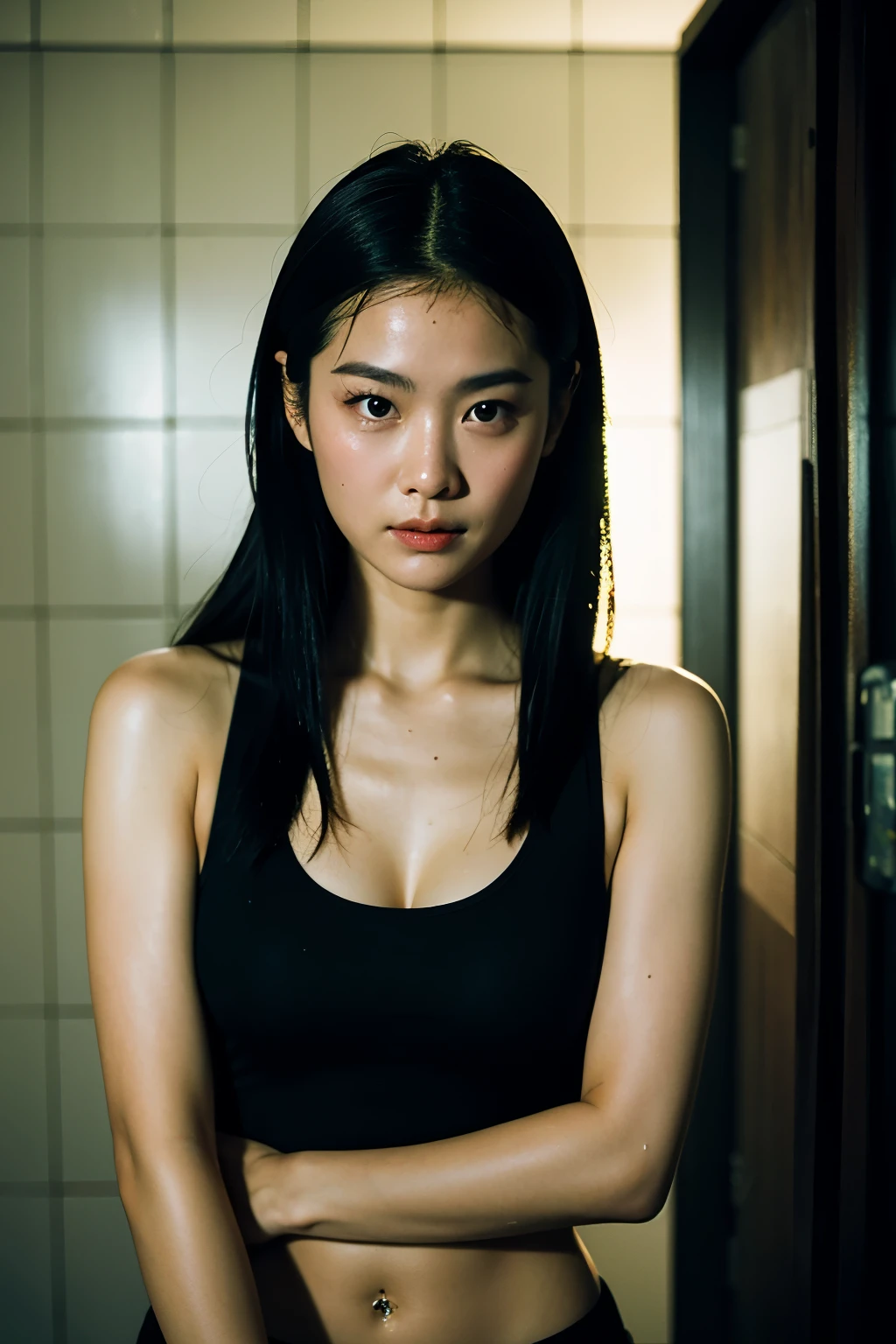 (Best Quality, Masterpiece: 1.2), a beautiful long black hair Korean girl, (sweating: 1.2), standing in an old bathroom, wearing boxing outfits: 1.5, Arriflex 35 BL camera: 1.3, Canon K35 prime lens: 1.3

The image captures a stunningly beautiful Korean girl in her late twenties, her long black hair cascading down her shoulders, still damp from her intense boxing training session. Her face is flushed and glistening with sweat, her determined expression radiating strength and resilience. In her hands, she holds a vintage Arriflex 35