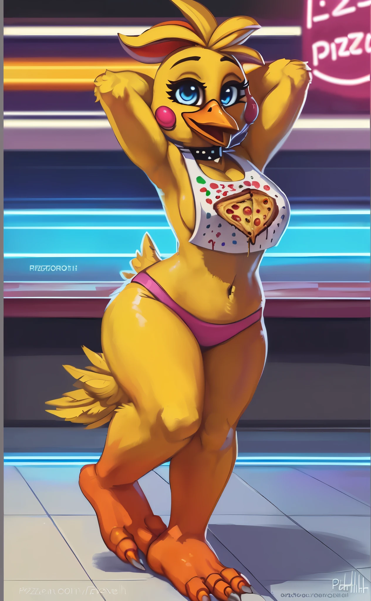 [toy chica], [FNAF:_Security_Breach], [Uploaded to e621.net; (Foxovh), (Pixelsketcher), (mayosplash], ((masterpiece)), ((HD)), ((high res)), ((solo portrait)), ((full body)), ((front view)), ((feet visible)), ((furry; anthro chicken girl)), ((detailed feathers)), ((detailed shading)), ((beautiful render art)), {anthro chicken; yellow feathers, (yellow feather tail), (orange talon feet), (orange beak), (cute blue eyes), (tied-up hair with pink bow), (small , (curvy hips), (beautiful legs), (beautiful feet), (humanoid feet), (excited smile), (mouth open)}, {(white bib), (pizza printed on bib), (cleavage), (side-boob), (navel), (pink panties), (spiky choker)}, {(walking), (hands behind head), (looking at viewer)}, [background; (pizza parlor), (pizza party), (bright neon lights), (ambient lighting)]