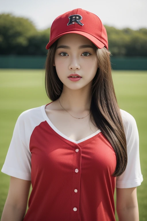 One girl、top-quality、​masterpiece、超A high resolution、(Photorealsitic:1.4)、There is a woman wearing a baseball cap、wearing a red and light black (88).  shirt、baseball field