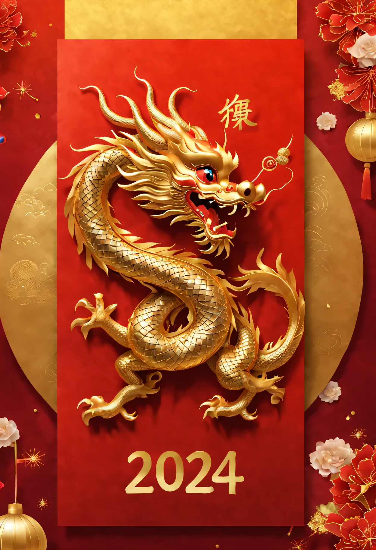 Red envelopes,封面上有一条金色卡通中国dragon和文字"New Year 2024”(Boutiques,4K,masterpiece:1.2),Super fine,human development report,bright colors,Shiny and vibrant,festive atmosphere,Chinese traditional elements background,Intricate decorative borders on envelopes,dragon'Her eyes sparkle with magic and hope,Fireworks twinkling in the night sky。