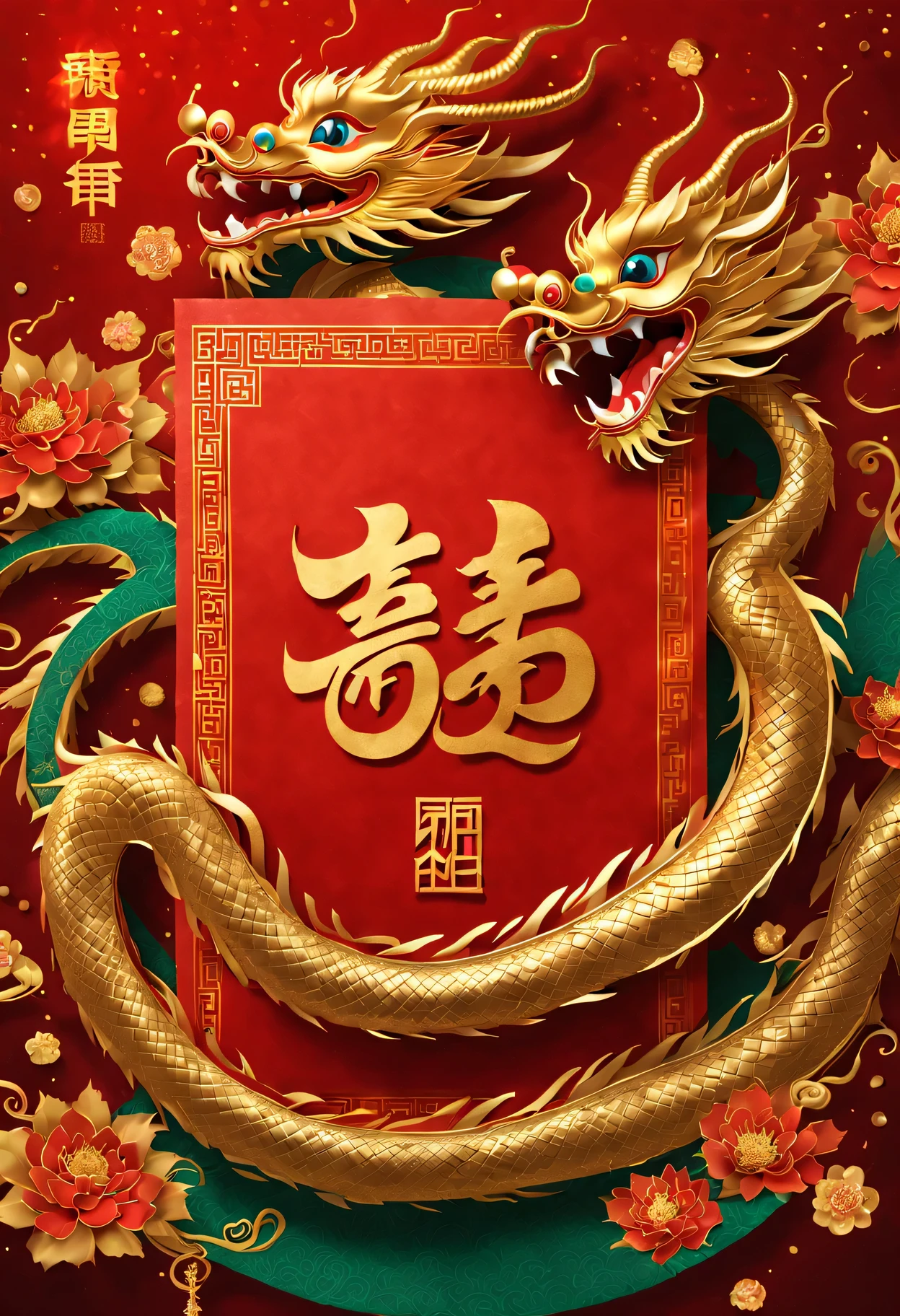 Red envelopes,封面上有一条金色卡通中国dragon和文字"New Year 2024”(Boutiques,4K,masterpiece:1.2),Super fine,human development report,bright colors,Shiny and vibrant,festive atmosphere,Chinese traditional elements background,Intricate decorative borders on envelopes,dragon'Her eyes sparkle with magic and hope,Fireworks twinkling in the night sky。