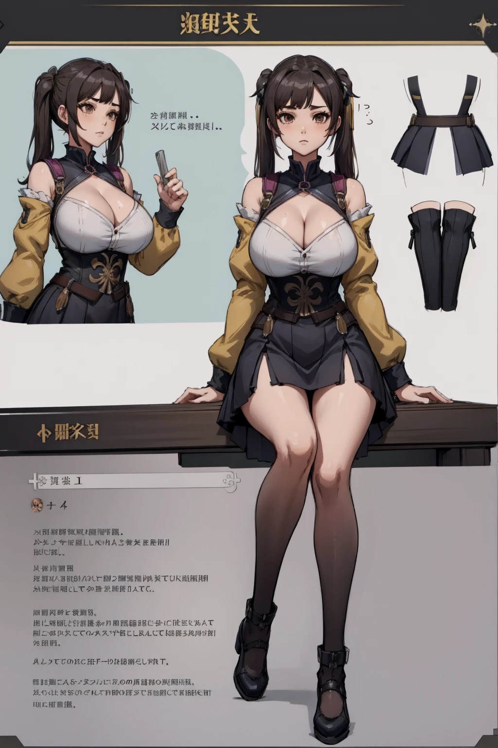 girl, solo, full body, from head to toe, sitting on the chair, (Huge_Breasts:1.3),
Character Design Sheet, character reference sheet, character turn around, character sheet, full body front and back, CharTurnBetaLora, clean background,
sushang, dress, twin tail hair, twin tail, brown hair, cleavage, short skirt, sexy pose, pose, sexy