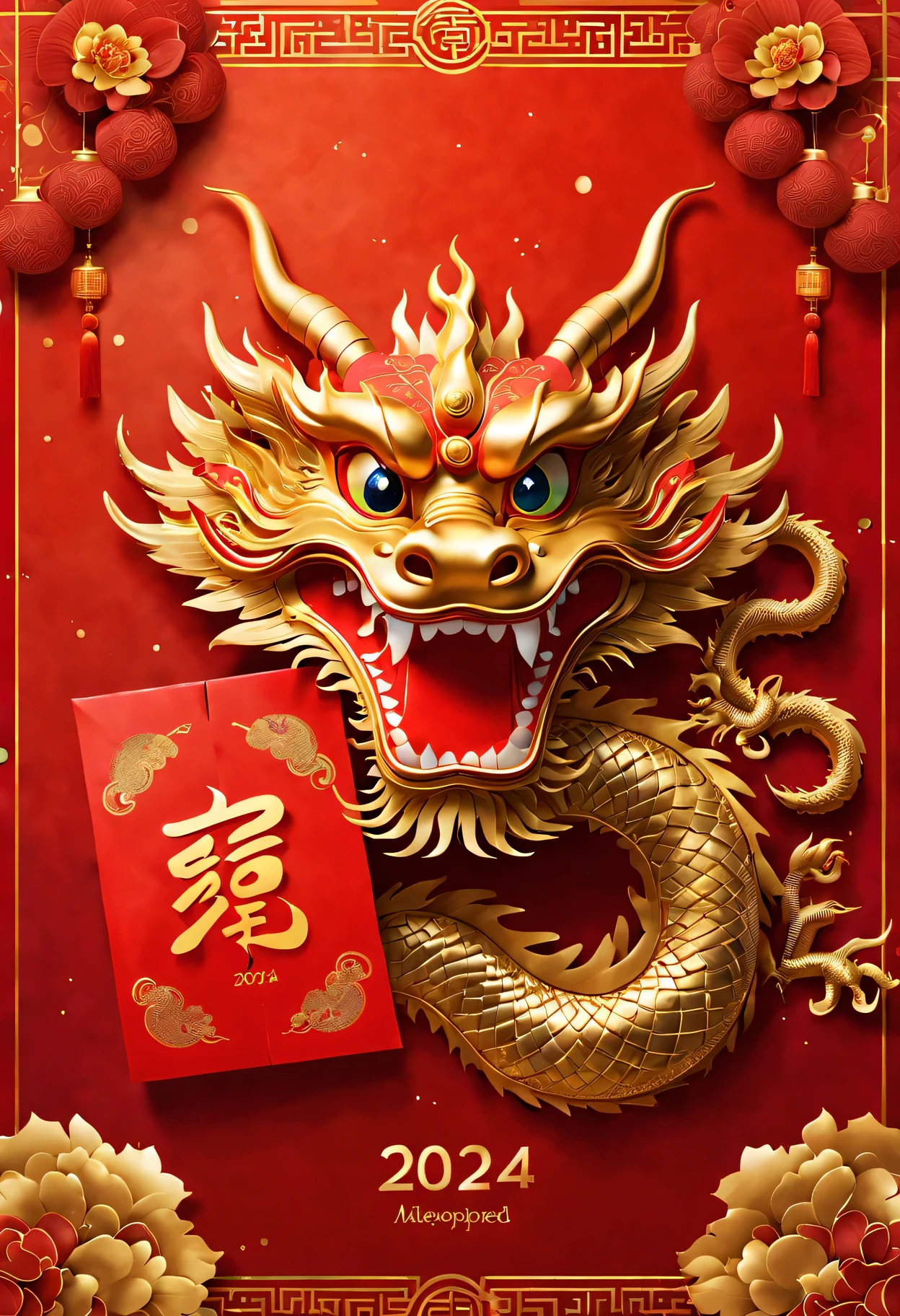 Red envelopes,封面上有一条金色卡通中国dragon和文字"New Year 2024”(Boutiques,4K,masterpiece:1.2),Super fine,human development report,bright colors,Shiny and vibrant,festive atmosphere,Chinese traditional elements background,Intricate decorative borders on envelopes,dragon'Her eyes sparkle with magic and hope,Fireworks twinkling in the night sky。