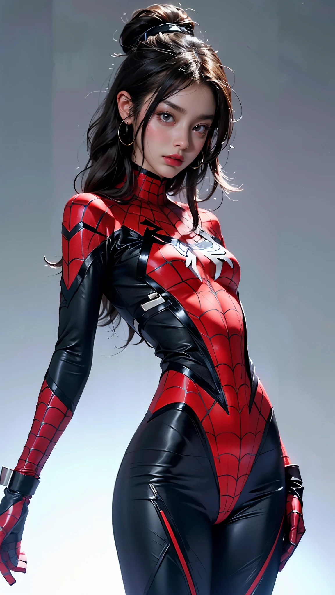 Beautiful woman detailed defined body using spider man cosplay, small breasts