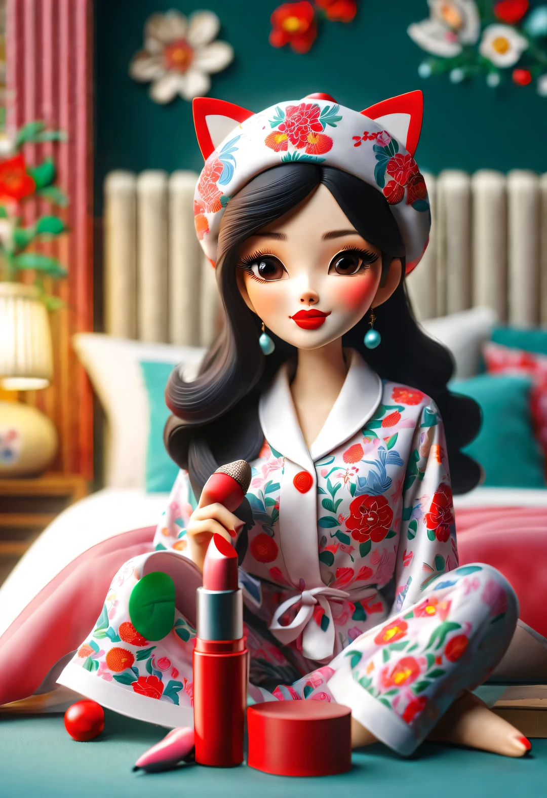 With folk art style,
(一支可爱的小猫咪正坐在梳妆台前涂lipstick),猫咪正涂lipstick,put on nightcap,wearing pajamas,detailed details,beautiful details,lipstick,Makeup Pen,perfume,flowers,Magazine,
background:Bedroom 3D rendering, cartoon,illustration,Pixar,cartoon,ultra high definition, high quality,32k,