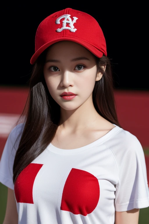 One girl、top-quality、​masterpiece、超A high resolution、(Photorealsitic:1.4)、There is a woman wearing a baseball cap、wearing a red  light (whire 88).  shirt、baseball field