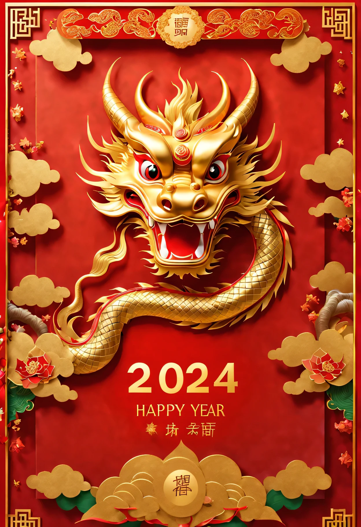 Red envelopes,封面上有一条金色卡通中国dragon和文字"Happy New Year 2024”(Boutiques,4K,masterpiece:1.2),Super fine,human development report,bright colors,Shiny and vibrant,festive atmosphere,Chinese traditional elements background,Intricate decorative borders on envelopes,dragon'Her eyes sparkle with magic and hope,Fireworks twinkling in the night sky。