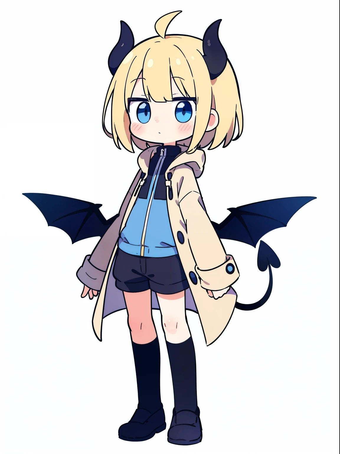 beige coat, boy, cute, kawaii, (blush), expressionless, thigh, simple background, (white background), full body,blonde blue-eyed,fringe cut,demon,short hair,demon wings,demon tail,demon horns,full-body standing drawing of a character,shorts for little boys