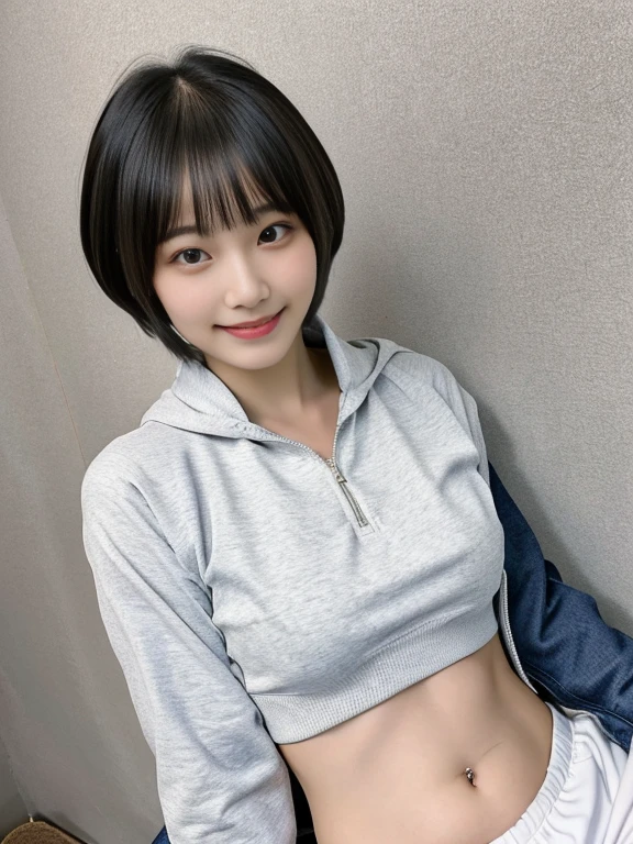 top-quality,masterpiece,Raw photography,8K,Top image quality,hight resolution, 18 years old Japanese female idol ,Beautuful Women,cute Japanese girls, Pretty Woman ,Beautiful face in every detail, aegyo sal ,small head, seductive smile ,Realistic human skin, pale skin ,cut model , Short hair ,bowl cut ,skinny body , track suit,rib ,low rise pants, constriction, face focus ,navel focus,arched back, from above ,selfie