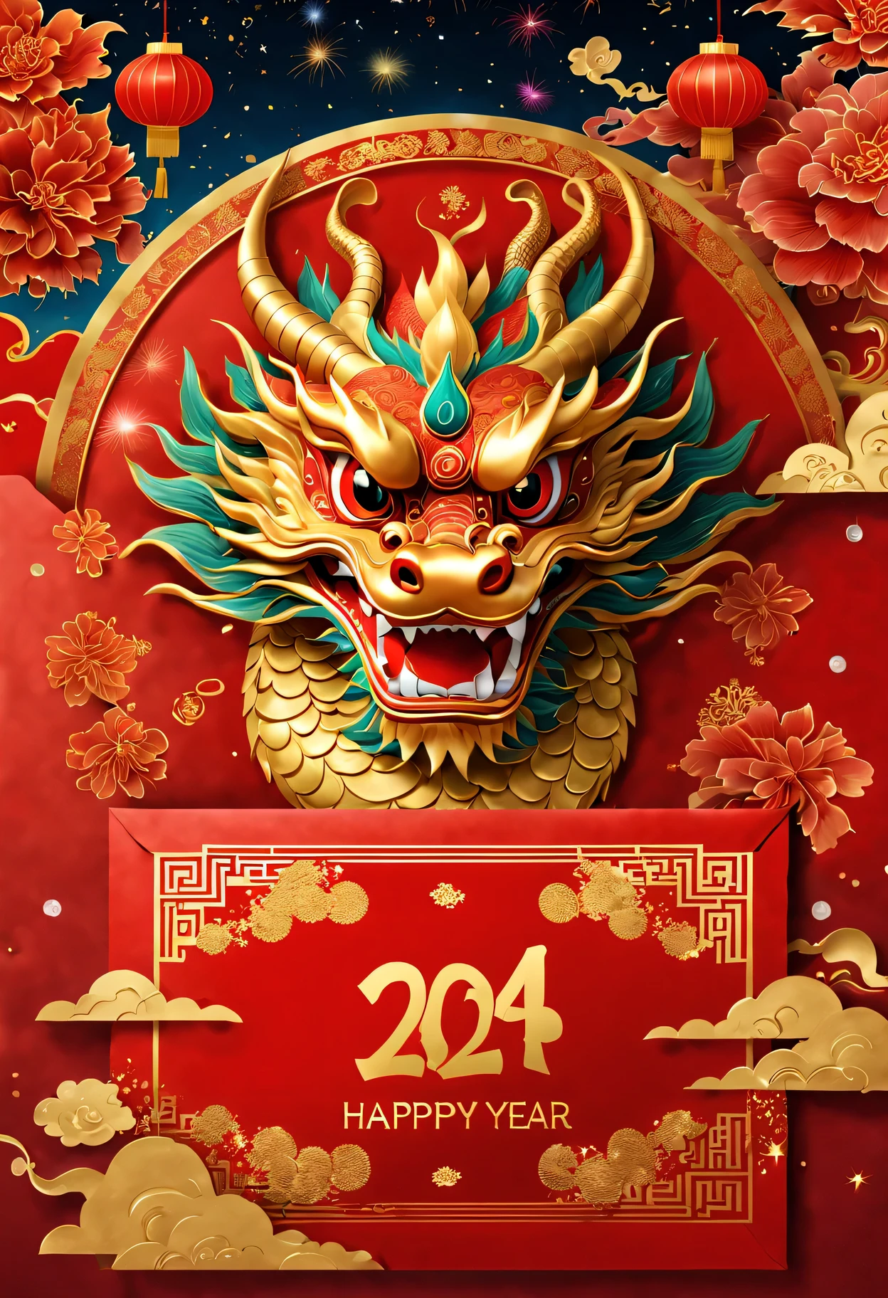 Red envelopes,封面上有一条金色卡通中国dragon和文字"Happy New Year 2024”(Boutiques,4K,masterpiece:1.2),Super fine,human development report,bright colors,Shiny and vibrant,festive atmosphere,Chinese traditional elements background,Intricate decorative borders on envelopes,dragon'Her eyes sparkle with magic and hope,Fireworks twinkling in the night sky。
