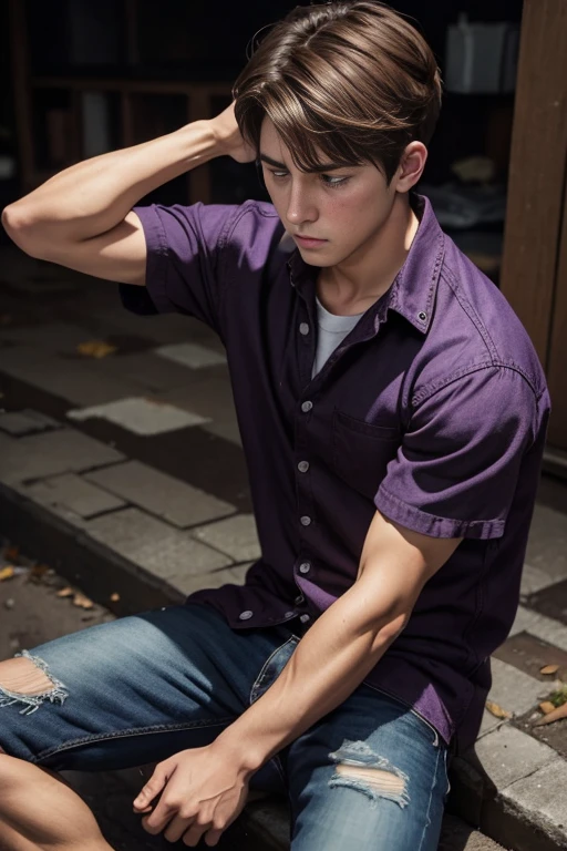 Man,brown hair, short hair, purple eyes, young 20 years, torn clothes, sad, crying, male, dynamic pose, solo