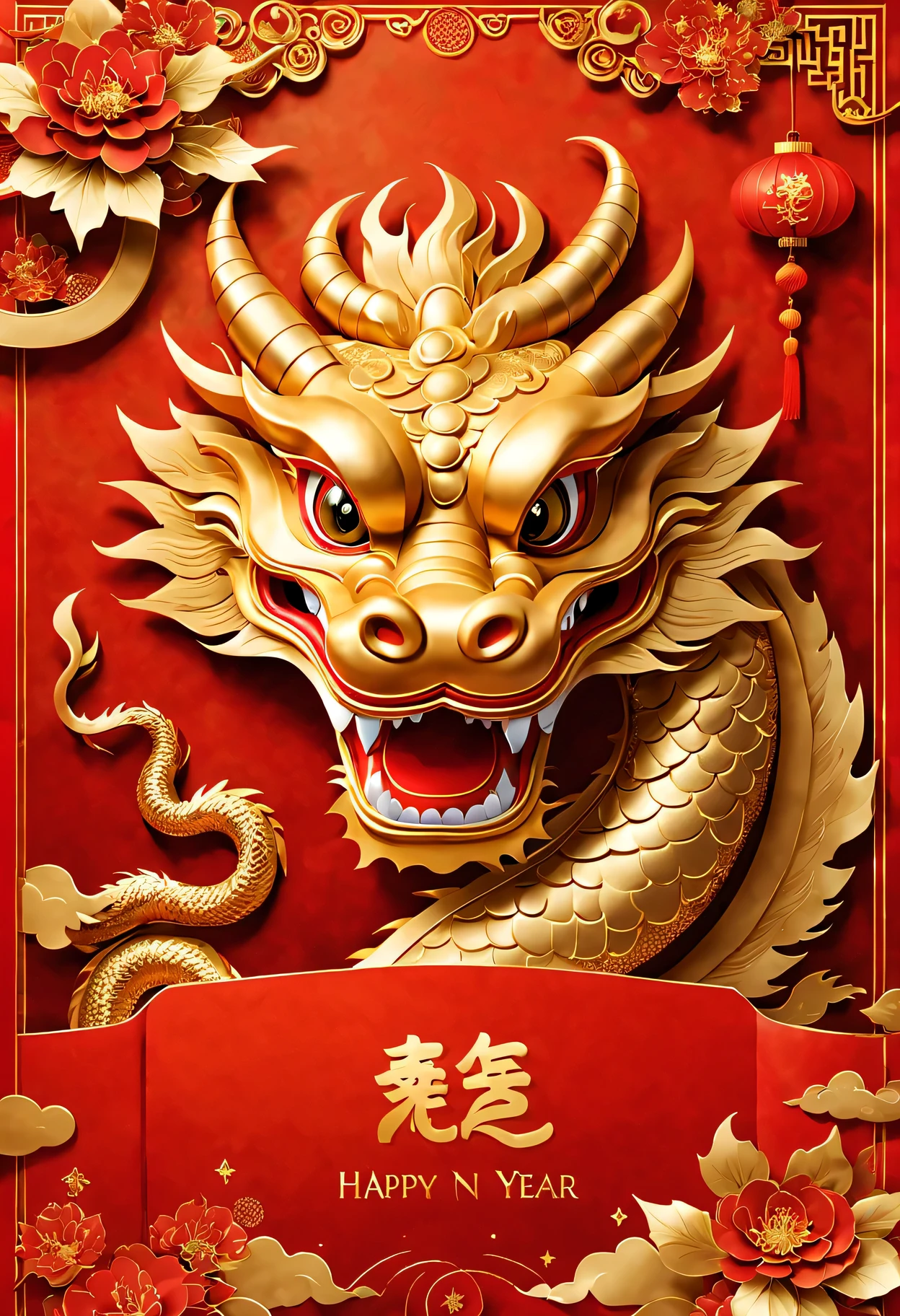 Red envelopes，封面上有一条金色卡通中国dragon和文字"Happy New Year 2024”（Boutiques，4K，masterpiece：1.2），Super fine，human development report，bright colors，Shiny and vibrant，festive atmosphere，Chinese traditional elements background，Intricate decorative borders on envelopes，dragon&#39;Her eyes sparkle with magic and hope，Fireworks twinkling in the night sky。