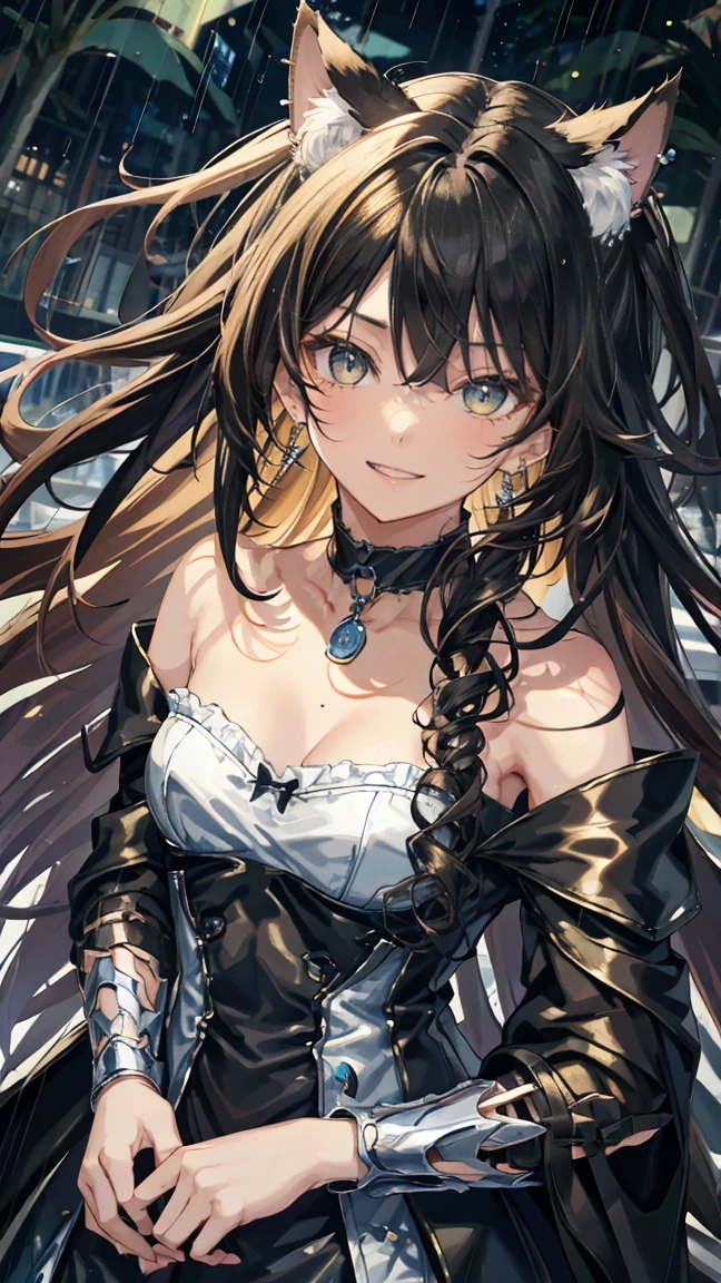 a cat woman with freckles, dark brown eyes, and an upturned nose, she is very happy, she has long wavy black hair, wearing aviator sunglasses with clear lenses in a soft watercolor style. The girl's clothes must be in pink, purple, and blue in celebration of the bisexual, with stains of ink and watercolor mixing and filling the scene. There should be a subtle, nuanced change in colors using the impasto technique with gouache paint. There should be a light rain in the watercolor painting with a little watercolor paper texture and a pastel background.
