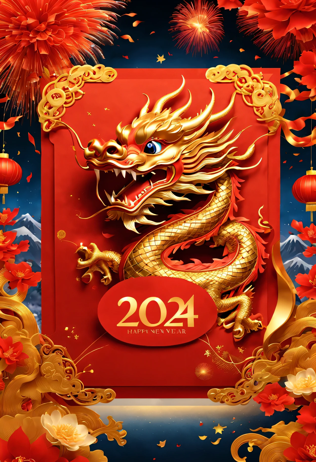 Red envelopes，封面上有一条金色卡通中国dragon和文字"Happy New Year 2024”（Boutiques，4K，masterpiece：1.2），Super fine，human development report，bright colors，Shiny and vibrant，festive atmosphere，Chinese traditional elements background，Intricate decorative borders on envelopes，dragon&#39;Her eyes sparkle with magic and hope，Fireworks twinkling in the night sky。