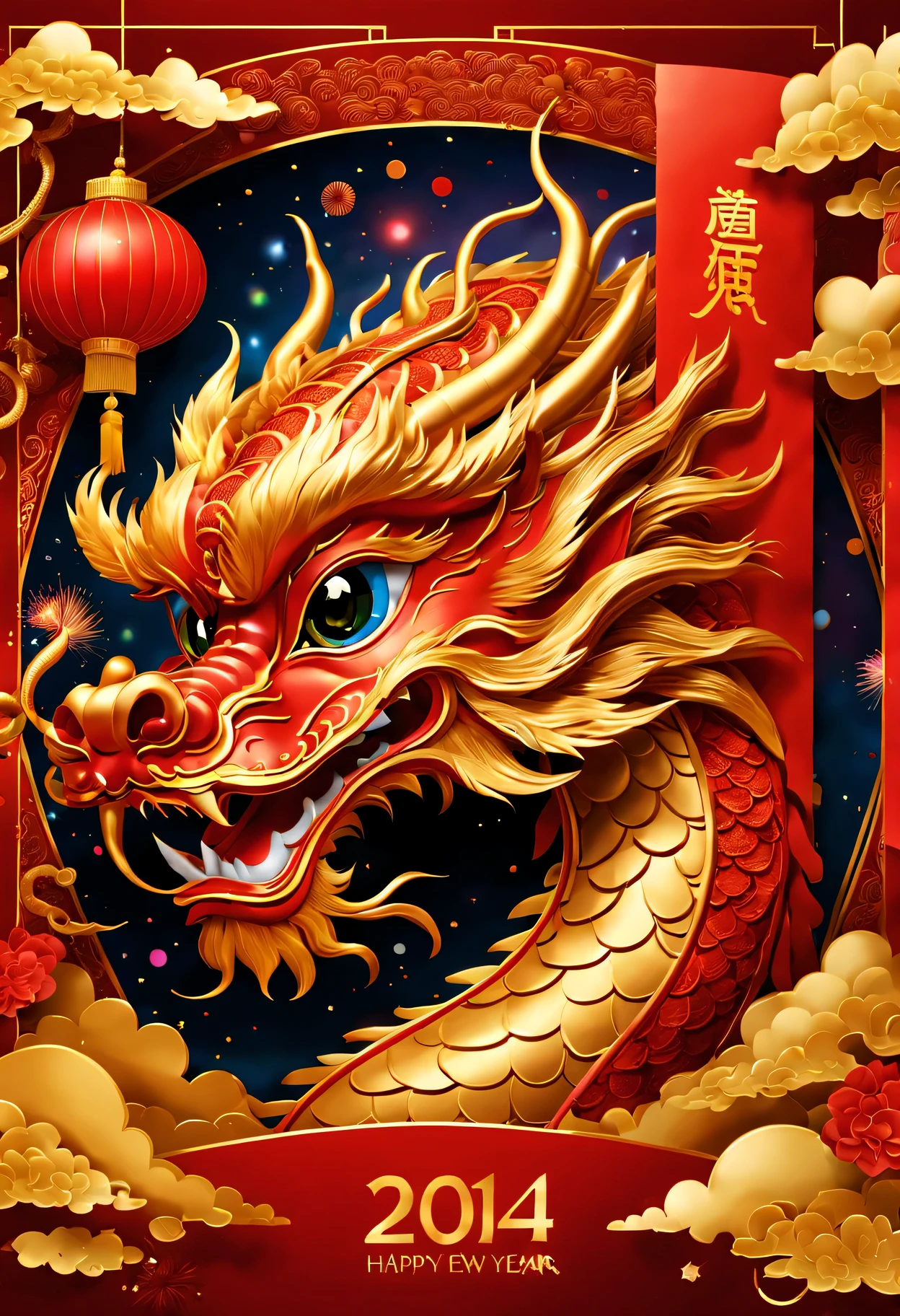 Red envelopes，封面上有一条金色卡通中国dragon和文字"Happy New Year 2024”（Boutiques，4K，masterpiece：1.2），Super fine，human development report，bright colors，Shiny and vibrant，festive atmosphere，Chinese traditional elements background，Intricate decorative borders on envelopes，dragon&#39;Her eyes sparkle with magic and hope，Fireworks twinkling in the night sky。