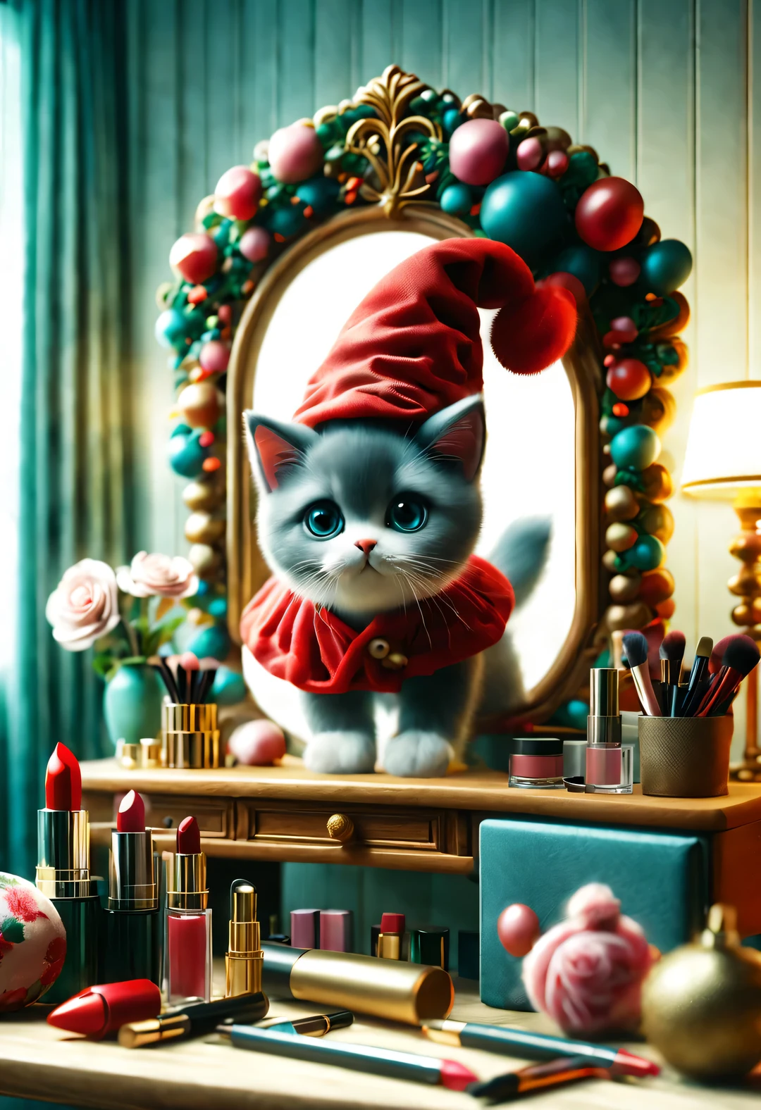 With folk art style,
 （一支可爱的小猫咪正在涂lipstick），Kitten wearing nightcap，Wearing hip-hop style pajamas，Wearing an exaggerated nightcap，detailed details，beautiful details，lipstick，Makeup Pen，perfume，flowers，Magazine，
background：Makeup in front of dressing table in bedroom 3D rendering， cartoon，illustration，Pixar，cartoon，ultra high definition， high quality，32k，