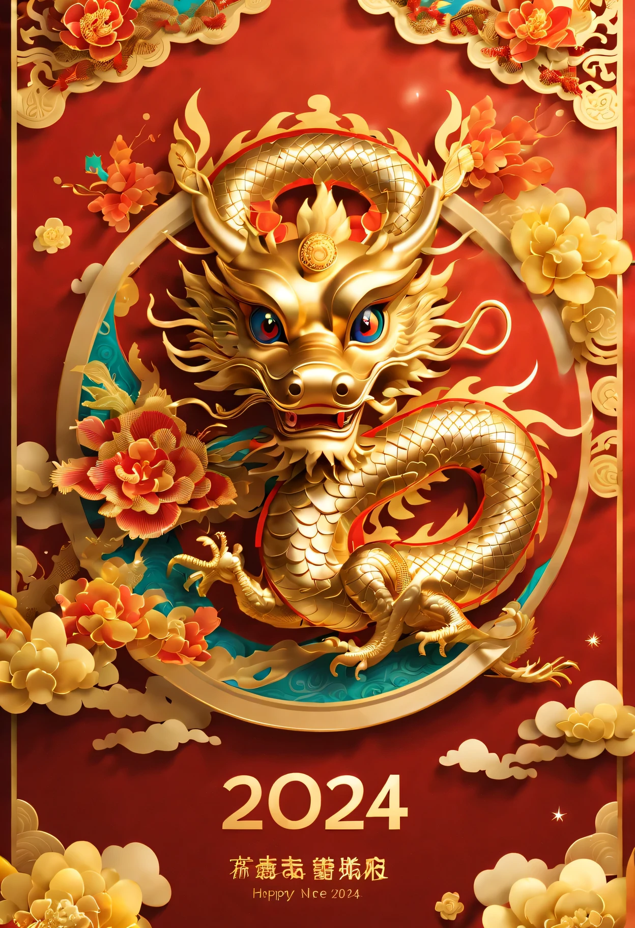 Red envelopes，封面上有一条金色卡通中国dragon和文字"Happy New Year 2024”（Boutiques，4K，masterpiece：1.2），Super fine，human development report，bright colors，Shiny and vibrant，festive atmosphere，Chinese traditional elements background，Intricate decorative borders on envelopes，dragon&#39;Her eyes sparkle with magic and hope，Fireworks twinkling in the night sky。