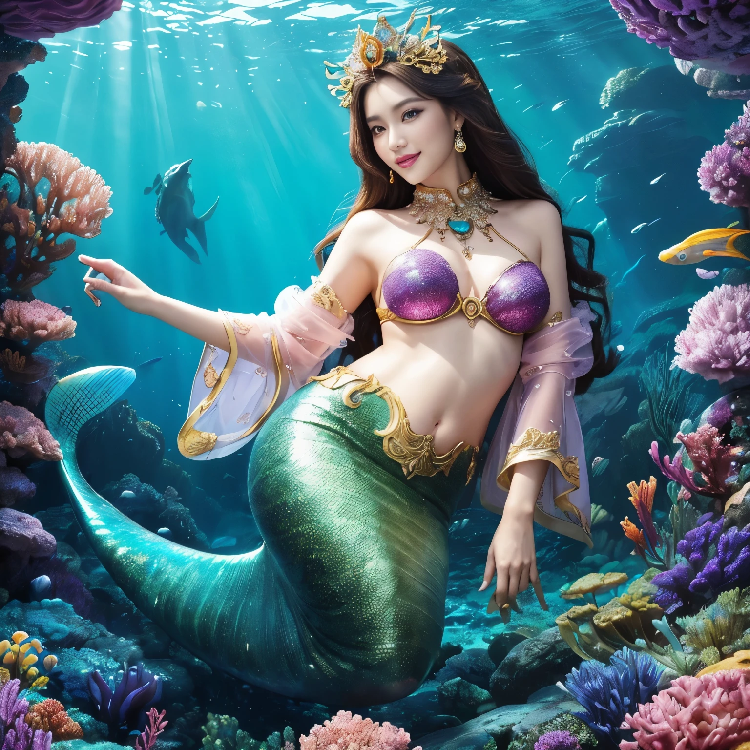 (highest quality、table top、8K、best image quality、hyper realism)、(Little mermaid in the most luxurious and majestic costume:1.1)、(Luxurious transparent sleeve:1.1)、(Mermaid goddess swimming in the beautiful rocky area of the deep sea.:1.2)、(Extremely complex and detailed ocean depictions:1.1)、(There are many beautiful small tropical fish and corals in the sea..............:1.1)、(The most luxurious and luxurious underwater temple:1.3)、(Mysterious and most splendid gigantic Atlantis:1.3)、(Detailed depiction of the beautiful ocean:1.1)、(Unimaginably beautiful and mysterious underwater depictions:1.1)、(Sparkling pink and purple、Realistic scales that shine in every detail:1.2)、(Mermaid goddess swimming in the beautiful rocky area of the deep sea 上半身写真:1.1)、(Accurate mermaid tail and beautiful fins)、Beautiful sea that shines intricately、Clear and detailed background,、(accurate anatomy:1.2)、(perfect hands:1.1)、(The most luxurious and finest jewelry decoration throughout the body:1.1)、golden decoration、the most gorgeous goddess sleeves、the most luxurious decoration、large amount of intricate gemstones、beautiful brown hair、Highly detailed pink and purple scales、(最も贅沢でhighest qualityの巨大ティアラ:1.1)、(that'that'that'that'that'that'that'that'It's very vivid, Fantastic and mysterious:1.2)、(最も贅沢でhighest qualityのジャイアントネックレス)、Beautiful purple and pink tail of a mermaid、perfect makeup、(the best smile when you look at me:1.2)、(slightly pregnant)