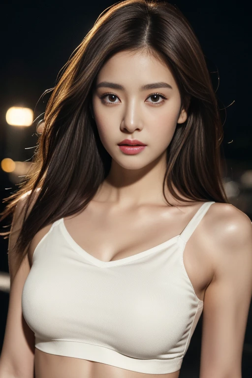 ((Realistic lighting, Best quality, 8K, Masterpiece: 1.3)), Clear focus: 1.2, 1girl, Perfect beauty: 1.4, : 1.2, Slim abs: 1.1, ((dark brown hair)), (White crop top: 1.4), (Outdoor, night: 1.1), City streets, Super fine face, fine eyes, Double eyelids,
