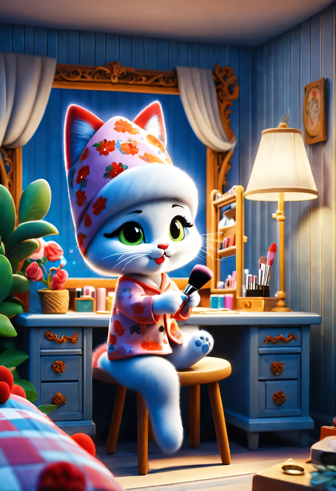 With folk art style,
(A cute kitten sitting in front of the dressing table doing makeup),猫咪正画lipstick,put on nightcap,wearing pajamas,Wearing an exaggerated nightcap,detailed details,beautiful details,lipstick,Makeup Pen,perfume,flowers,Magazine,
background:Bedroom 3D rendering, cartoon,illustration,Pixar,cartoon,ultra high definition, high quality,32k,