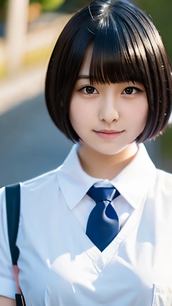 Top quality, beautiful Japanese woman, student, short bob hair, black hair, uniform, white shirt, tie, bust up, neat, chubby body, young face,