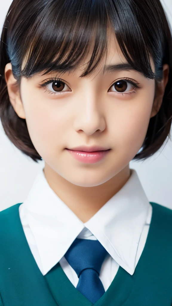 Top quality, beautiful Japanese woman, student, short bob hair, black hair, uniform, white shirt, tie, bust up, neat, chubby body, young face,