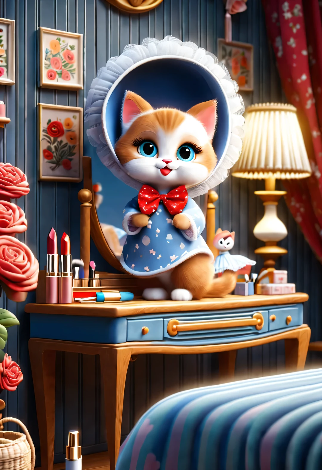 With folk art style,
 （A cute kitten sitting in front of the dressing table doing makeup），猫咪正画lipstick，put on nightcap，wearing pajamas，Wearing an exaggerated nightcap，detailed details，beautiful details，lipstick，Makeup Pen，perfume，flowers，Magazine，
background：Bedroom 3D rendering， cartoon，illustration，Pixar，cartoon，ultra high definition， high quality，32k，