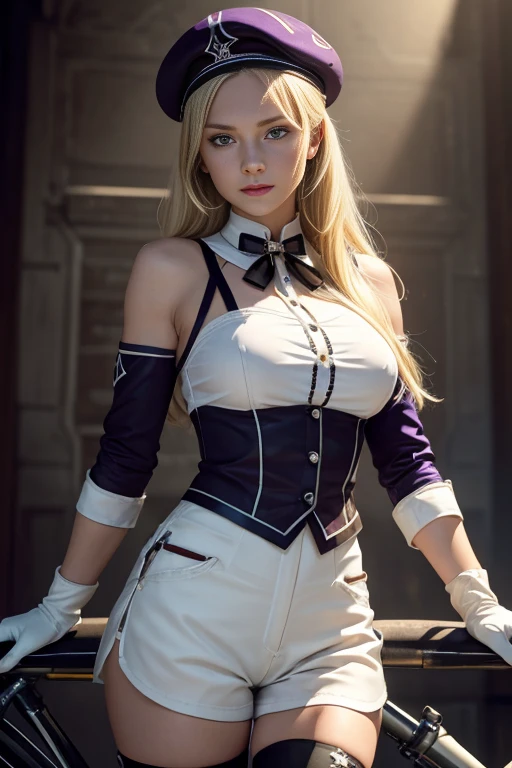 z23,, textured skin, 8k, beautiful detailed eyes, cinematic lighting, beautiful detailed face, ultra-detailed, world masterpiece theater, cinematic lighting,, 1girl, solo, blonde hair, purple eyes, hair bow, white shirt, beret, bare shoulders, gloves, iron cross, bike shorts, :d, armband, white gloves, cowboy shot,
