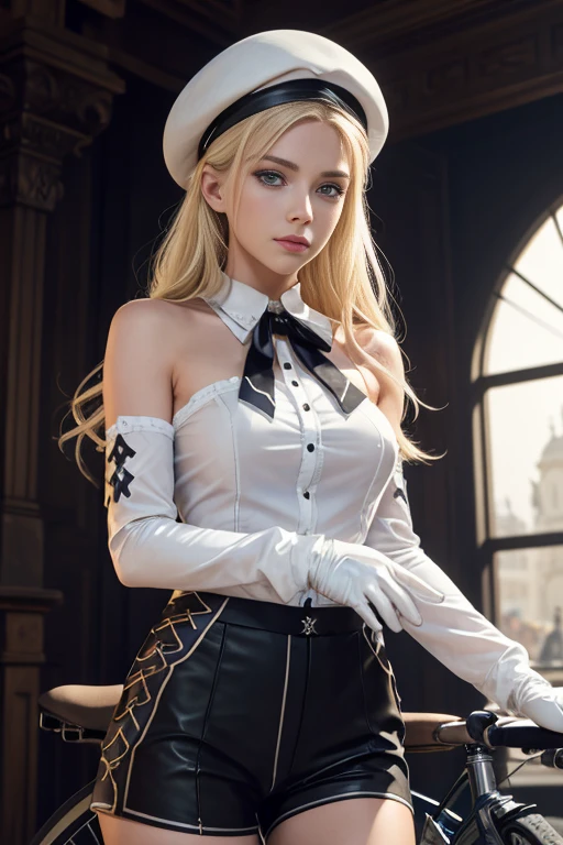 z23,, textured skin, 8k, beautiful detailed eyes, cinematic lighting, beautiful detailed face, ultra-detailed, world masterpiece theater, cinematic lighting,, 1girl, solo, blonde hair, purple eyes, hair bow, white shirt, beret, bare shoulders, gloves, iron cross, bike shorts, :d, armband, white gloves, cowboy shot,