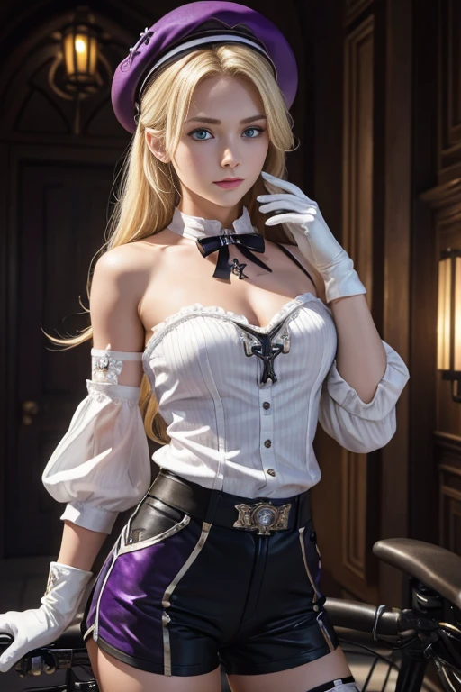 z23,, textured skin, 8k, beautiful detailed eyes, cinematic lighting, beautiful detailed face, ultra-detailed, world masterpiece theater, cinematic lighting,, 1girl, solo, blonde hair, purple eyes, hair bow, white shirt, beret, bare shoulders, gloves, iron cross, bike shorts, :d, armband, white gloves, cowboy shot,