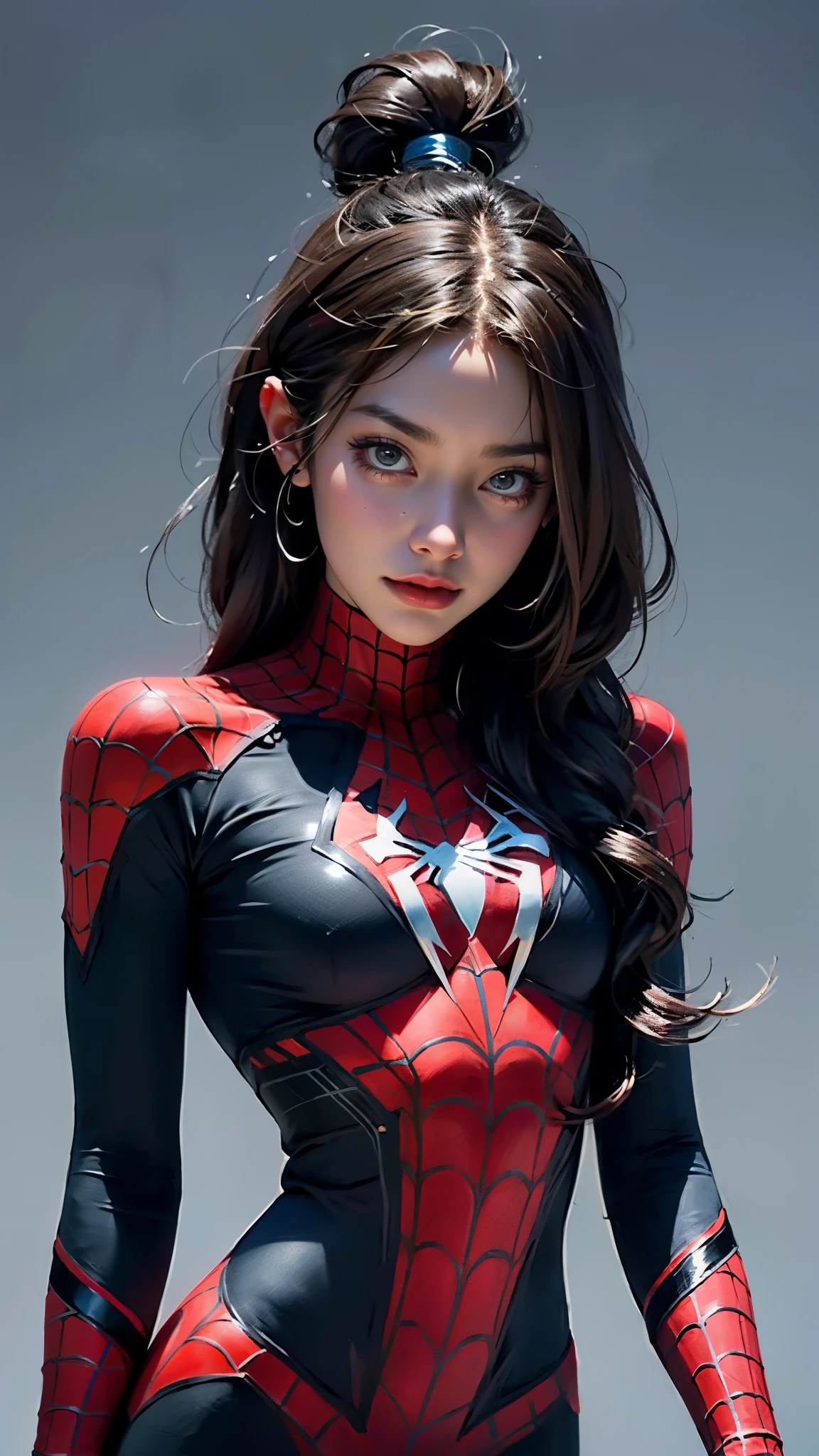 Beautiful woman detailed defined body using spider man cosplay, small breasts