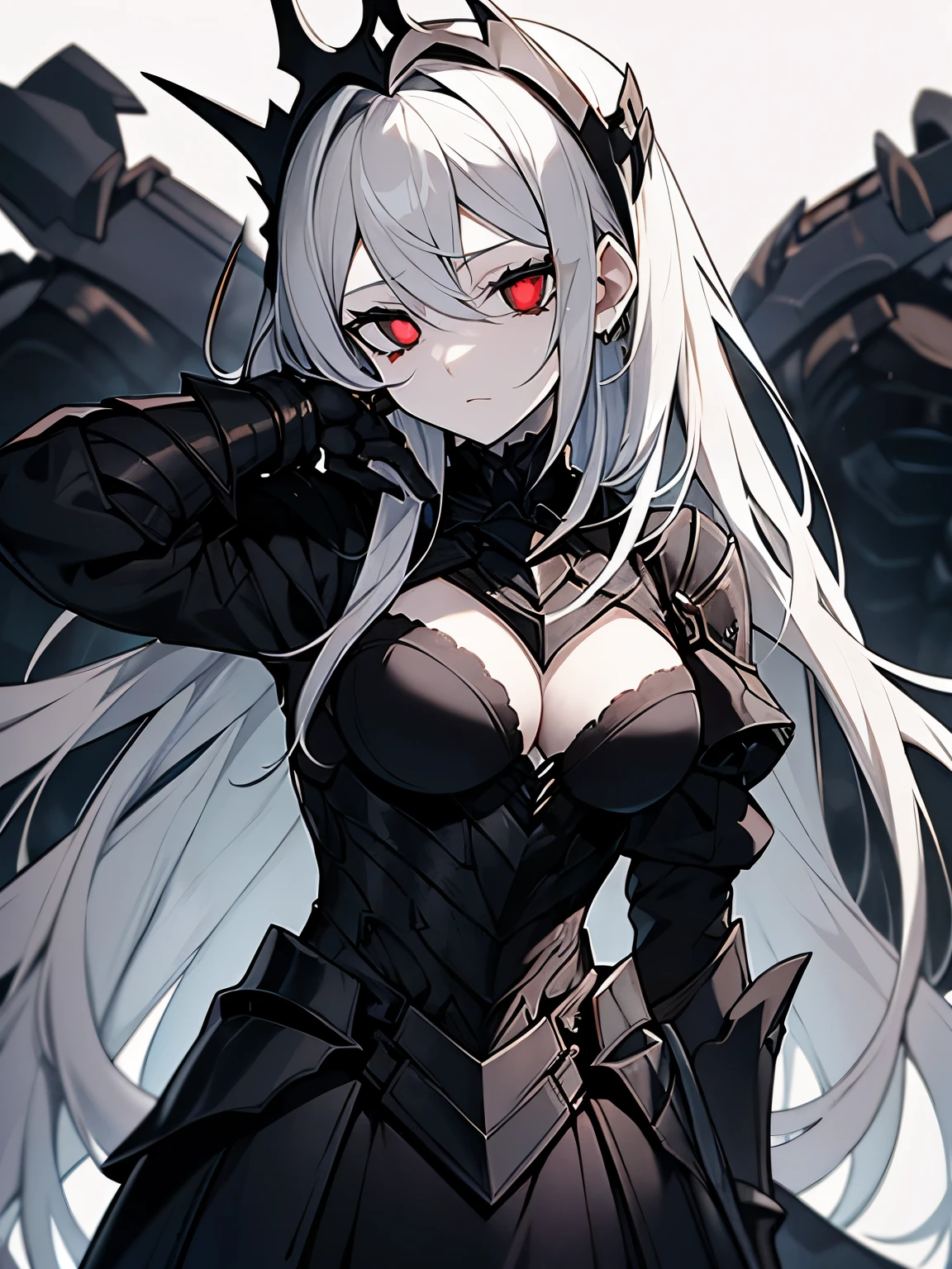 Metal armored dress, pale skin, gray hair, bloody pupils, black sclera, bloody tears, metal tiara