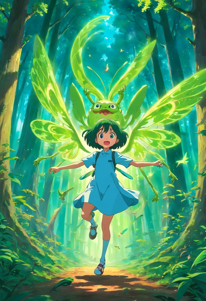 Alien dancing around in the woods, bird with trippy face and 3 green alien eyes flying around, 3 eyes
