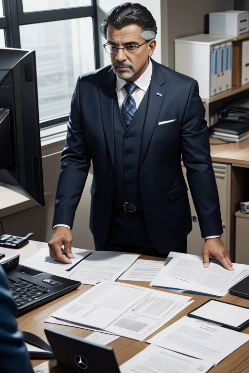 Mercedes a {{middle-aged male salesman}}, in the office, accusing a {{male salesman}}} and a {{female salesman}}