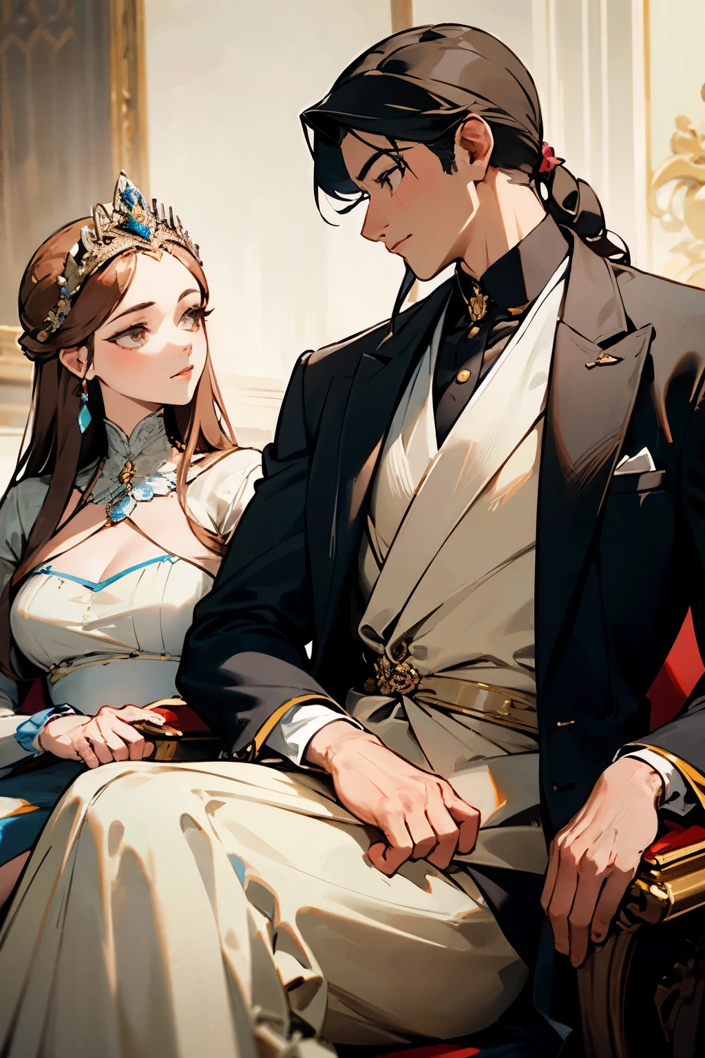 An ancient princess sat side by side with a man dressed in men's clothing, elegant and luxurious((best quality)), ((masterpiece)), (detailed), perfect face