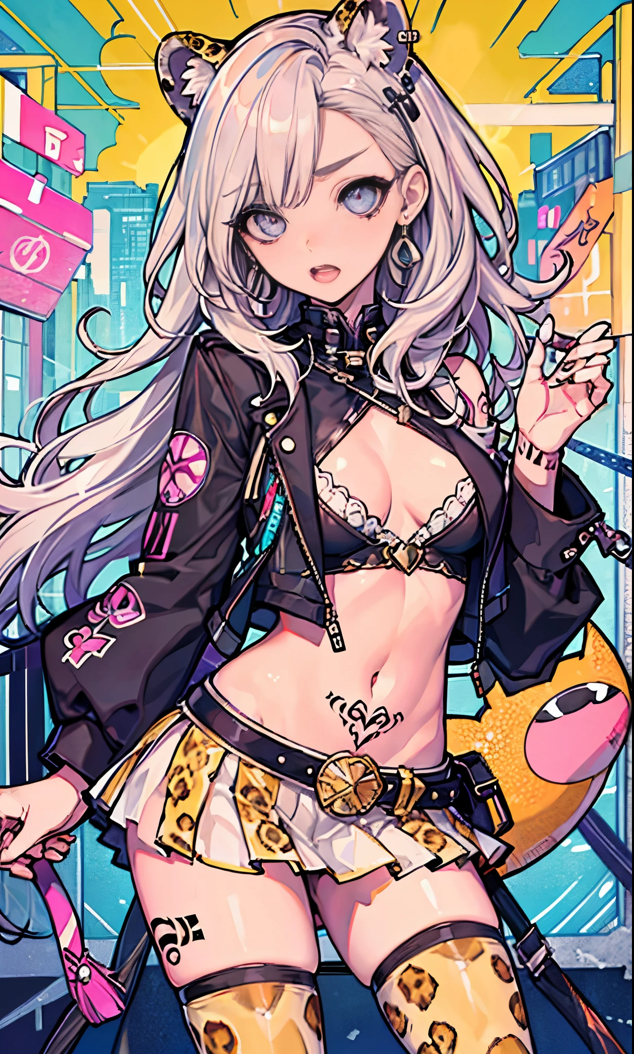 highest quality, clear and well-groomed face, Clear, bright and shining eyes, long eyelashes, punk girl, earrings, body tattoo, Navel exposed, Obscene lines, toned abdomen, super mini skirt, belt, leopard ears, Leopard print clothes,