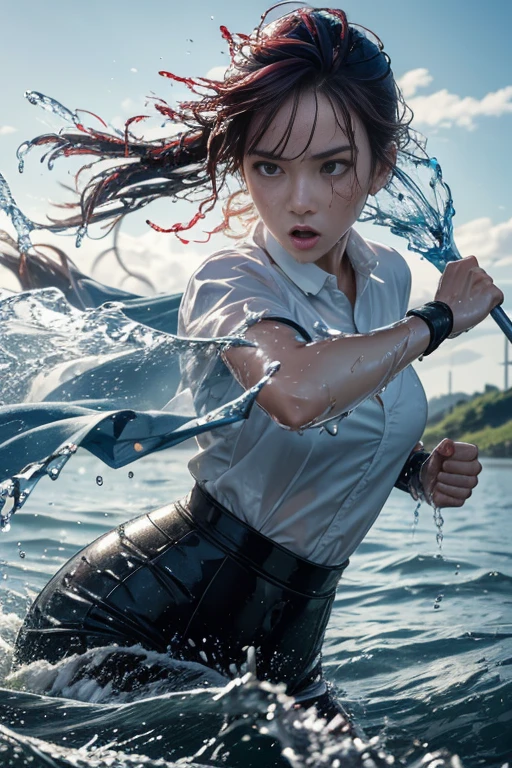 Masterpiece, best quality, (dynamic pose:0.5), Absurdres, 1girl,  fighting pose, punch water, (attacking with water:1.5) wet clothes, wet hair, wet face, water behind a person, multicolored hair, (wind:1.4)
