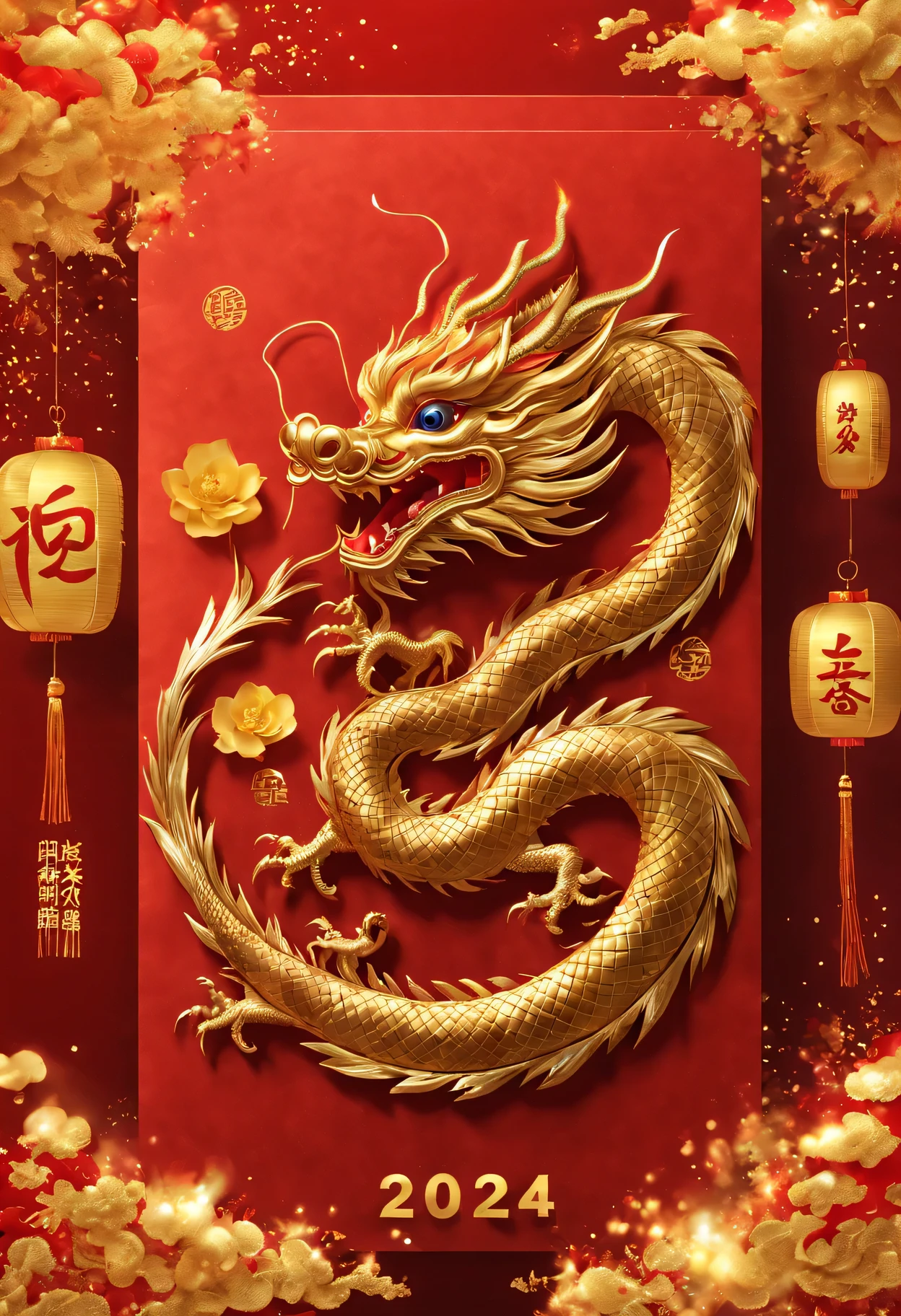 Red envelopes，封面有一条金色的中国dragon和文字"New Year 2024”（Boutiques，4K，masterpiece：1.2），Super fine，human development report，bright colors，Shiny and vibrant，festive atmosphere，Chinese traditional elements background，Intricate decorative borders on envelopes，dragon&#39;Her eyes sparkle with magic and hope，Fireworks twinkling in the night sky。