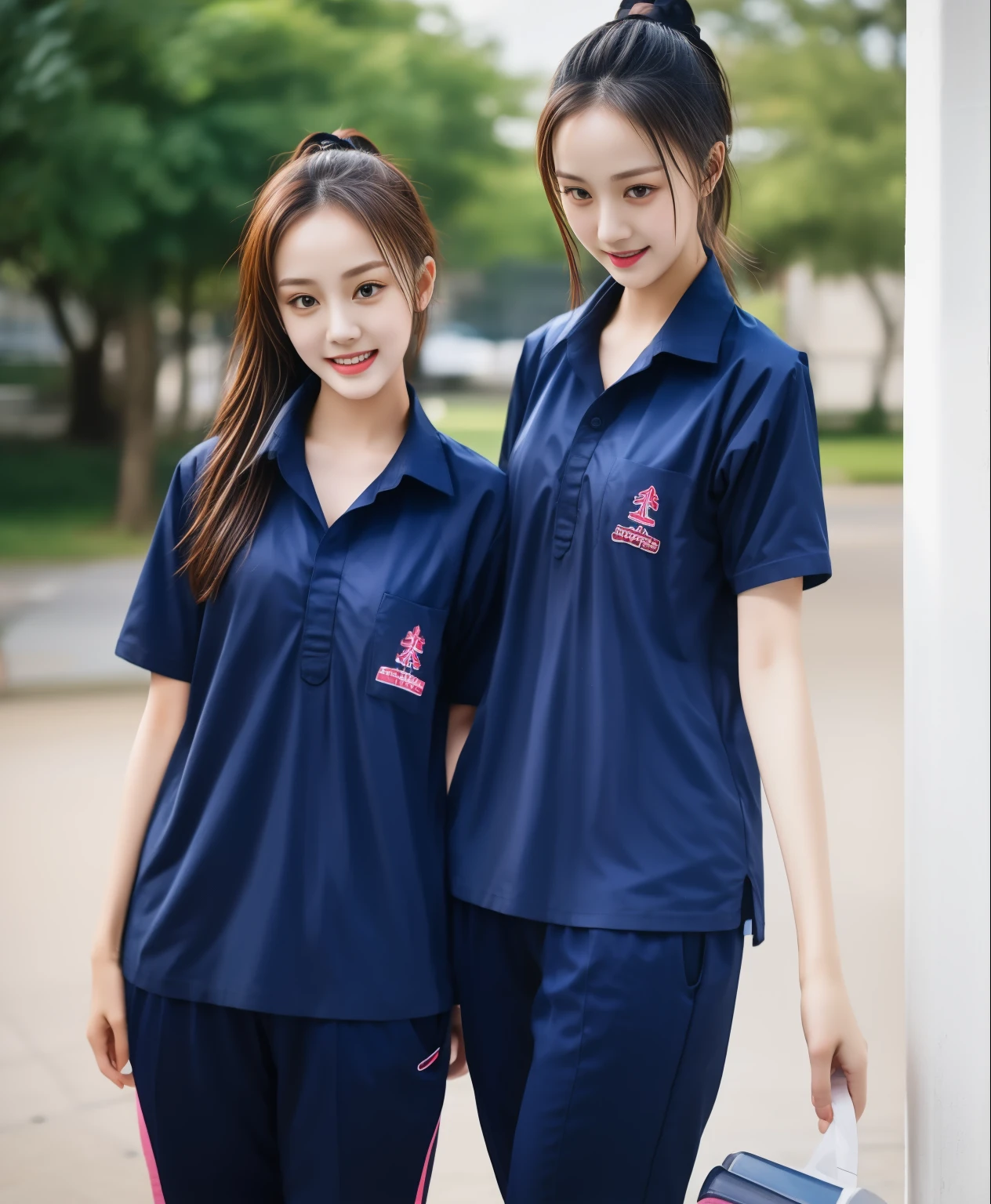 2 girls playing badminton, badminton court, Navy blue short-sleeved shirt,Navy Long Trackpant,Sweatpants, Sweatpantsขายาว,25 year old girl, lesbian, sexy, exercise clothes, wet body, exercise clothes, exercise clothes