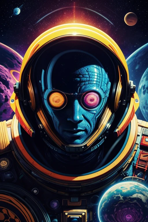 HD details, close-up of a man in a spacesuit, planets in background, psychedelic cosmic horror, psychedelic illustration, outer space, plant growth, psychotic universe, background space graphic art, cosmic illustration, outer space, cosmic LSD poster art, dmt space behind, space scene, surreal space, cosmic style