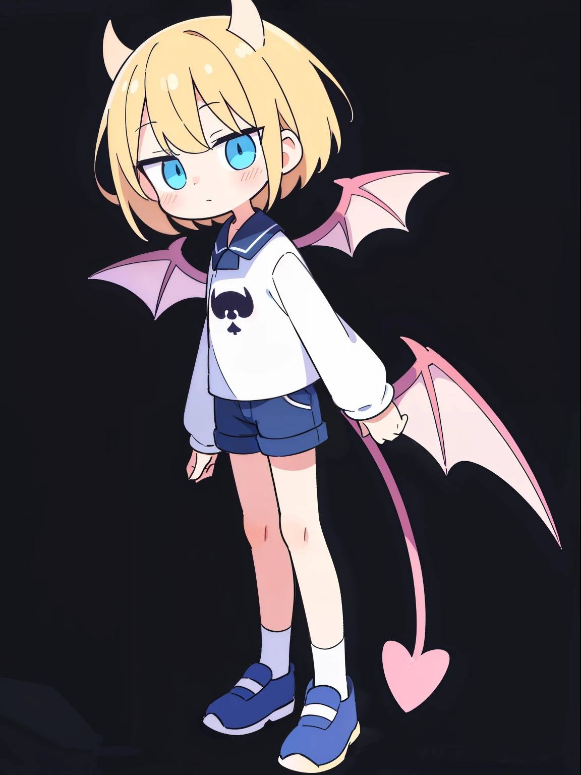 boy, cute, kawaii, (blush), expressionless, thigh, simple background, (white background), full body,blonde blue-eyed,fringe cut,demon,short hair,demon wings,demon tail,full-body standing drawing of a character,shorts for little boys