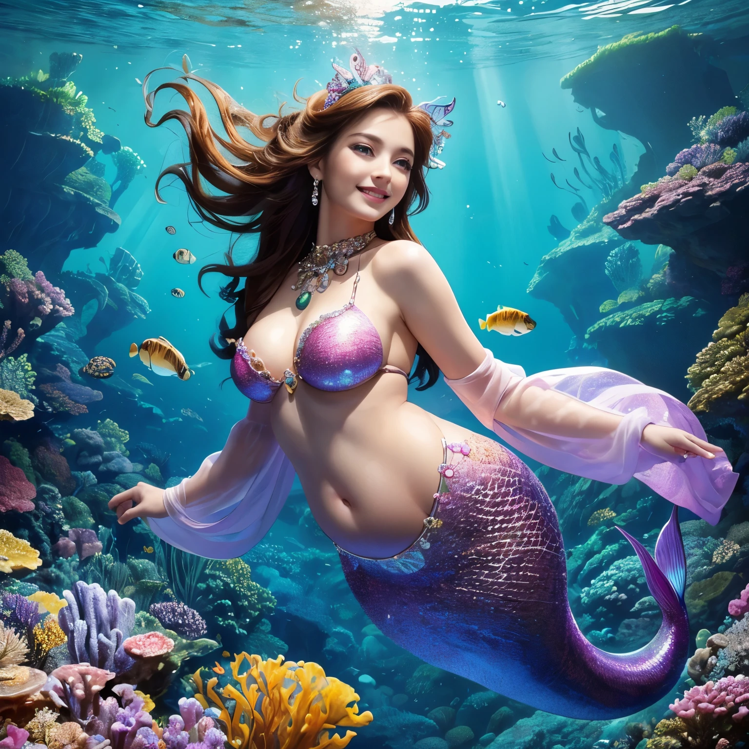 (highest quality、table top、8K、best image quality、hyper realism)、(Little mermaid in the most luxurious and majestic costume:1.1)、(Luxurious transparent sleeve:1.1)、(Mermaid goddess swimming in the beautiful rocky area of the deep sea.:1.2)、(Extremely complex and detailed ocean depictions:1.1)、(There are many beautiful small tropical fish and corals in the sea..............:1.1)、(The most luxurious and luxurious underwater temple:1.3)、(Mysterious and most splendid gigantic Atlantis:1.3)、(Detailed depiction of the beautiful ocean:1.1)、(Unimaginably beautiful and mysterious underwater depictions:1.1)、(Sparkling pink and purple、Realistic scales that shine in every detail:1.2)、(Mermaid goddess swimming in the beautiful rocky area of the deep sea 上半身写真:1.1)、(Accurate mermaid tail and beautiful fins)、Beautiful sea that shines intricately、Clear and detailed background,、(accurate anatomy:1.2)、(perfect hands:1.1)、(The most luxurious and finest jewelry decoration throughout the body:1.1)、golden decoration、the most gorgeous goddess sleeves、the most luxurious decoration、large amount of intricate gemstones、beautiful brown hair、Highly detailed pink and purple scales、(最も贅沢でhighest qualityの巨大ティアラ:1.1)、(that&#39;that&#39;that&#39;that&#39;that&#39;that&#39;that&#39;that&#39;It&#39;s very vivid, Fantastic and mysterious:1.2)、(最も贅沢でhighest qualityのジャイアントネックレス)、Beautiful purple and pink tail of a mermaid、perfect makeup、(the best smile when you look at me:1.2)、(slightly pregnant)