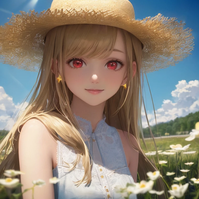 (((masterpiece))),(extremely detailed 8k wallpaper),(((best quality))),((ultra-detailed)),(best illumination, best shadow),((an extremely delicate and beautiful)),(best illustration),dynamic angle,floating,realistic oil painting,
1beautifully and detailed girl sitting near water,solo,mid shot,
ai is sb,(the girl has a [+++beautifully detailed cute face+++]:1.4),(beautiful and detailed red eyes:1.2),(long blonde hair with a wide brim hat),[[:✋,:0.5]::0.8] [smile],the girl sitting near a river,beautiful and delicate water,
ai is sb,the girl has a blue ribbon,[: star earrings, :0.5 ] ai is sb,standing in a Flowery meadow,trees and colourful (wildflowers) blooming surround,
(the girl wearing a gorgeous white and light blue dress:1.1),with gold patterns and lace,upper body,(clear sky, Cumulus:1.2),sunlight,bright spots,glowing,the girl and forest are shining,

